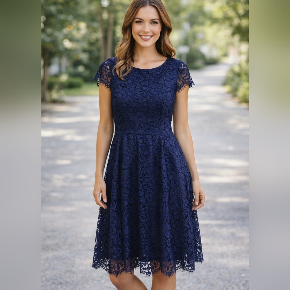 Suzy Shier Navy Lace Midi Dress